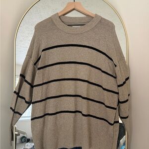Aerie Women's Tan and Black Striped Crewneck Sweater